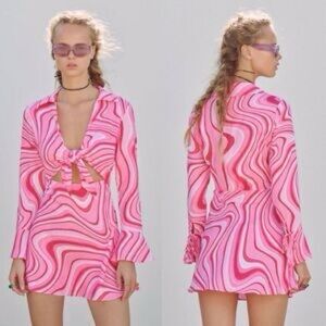 Zara Pink Abstract Linen Swirl Mini Front Tie Funky Festival Dress Medium NWOT